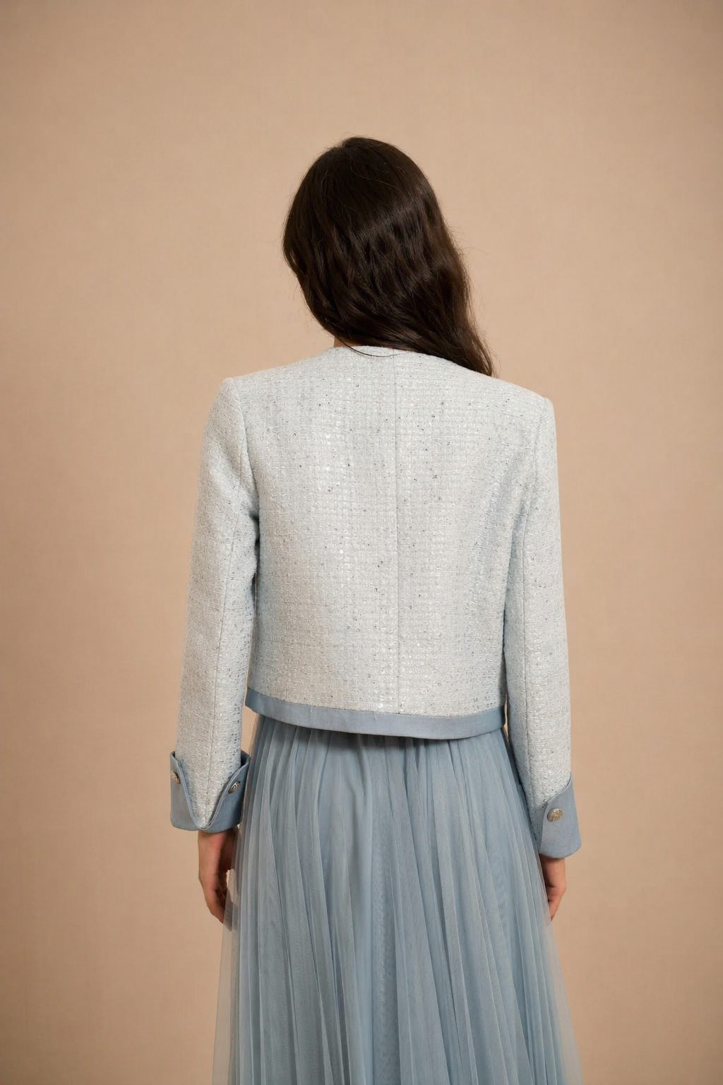 Veste Auréline — Tweed Bleu Perle & Denim Couture
