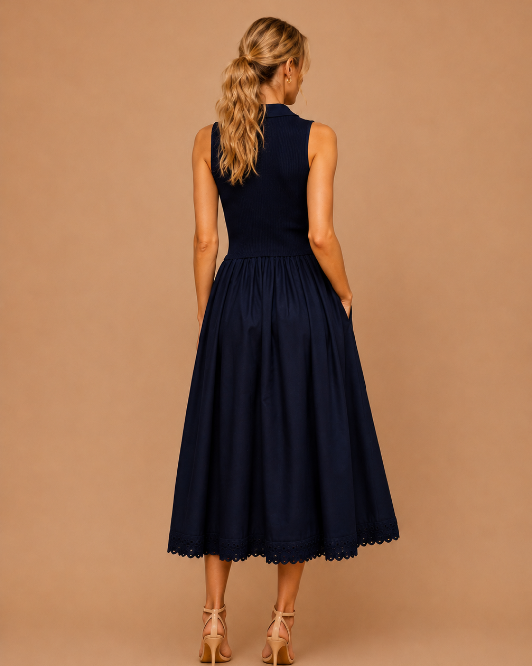 Robe Élyane — Maille Marine & Jupe Brodée
