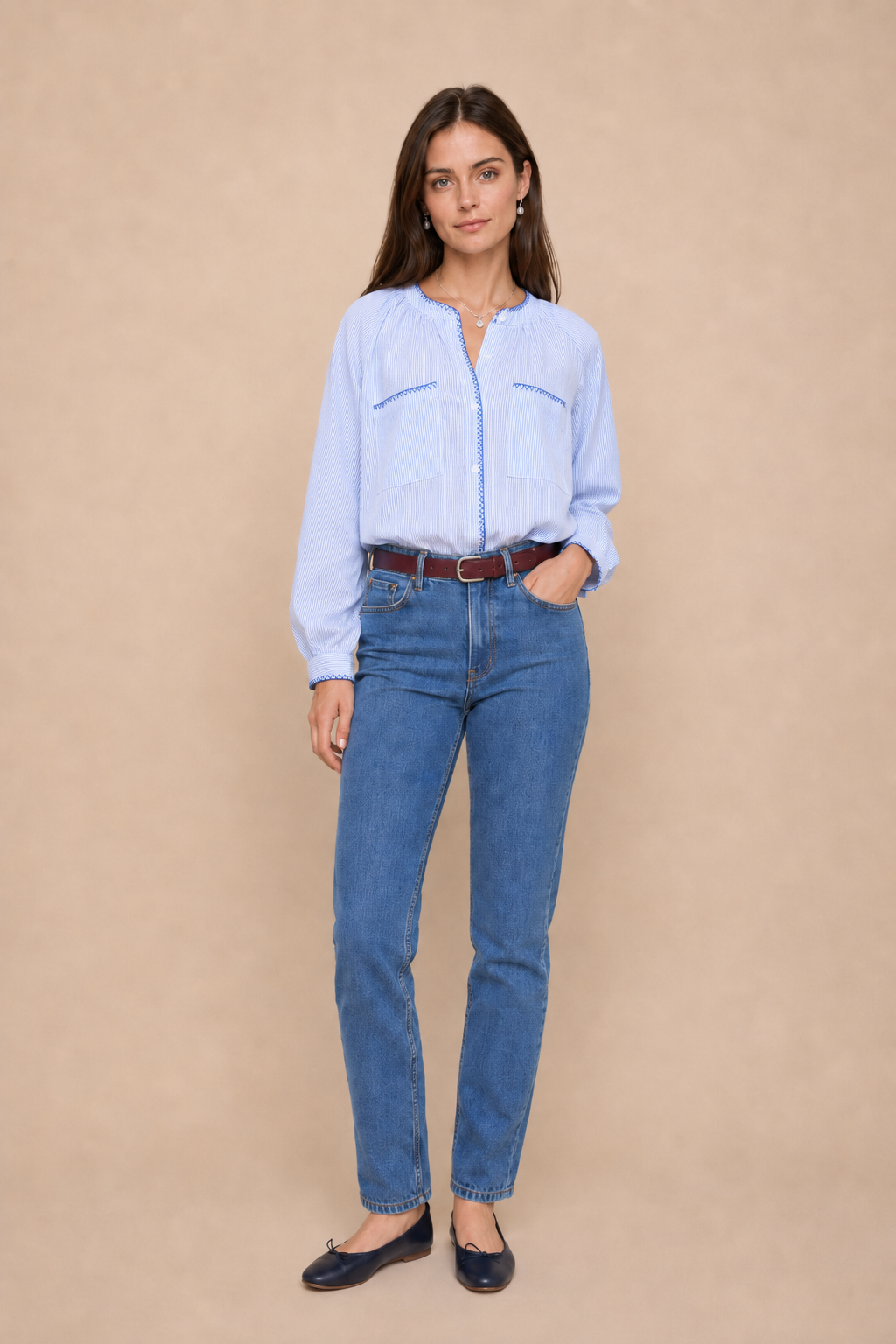 Top Maëlia — Rayures Ciel & Broderies Bleu Royal